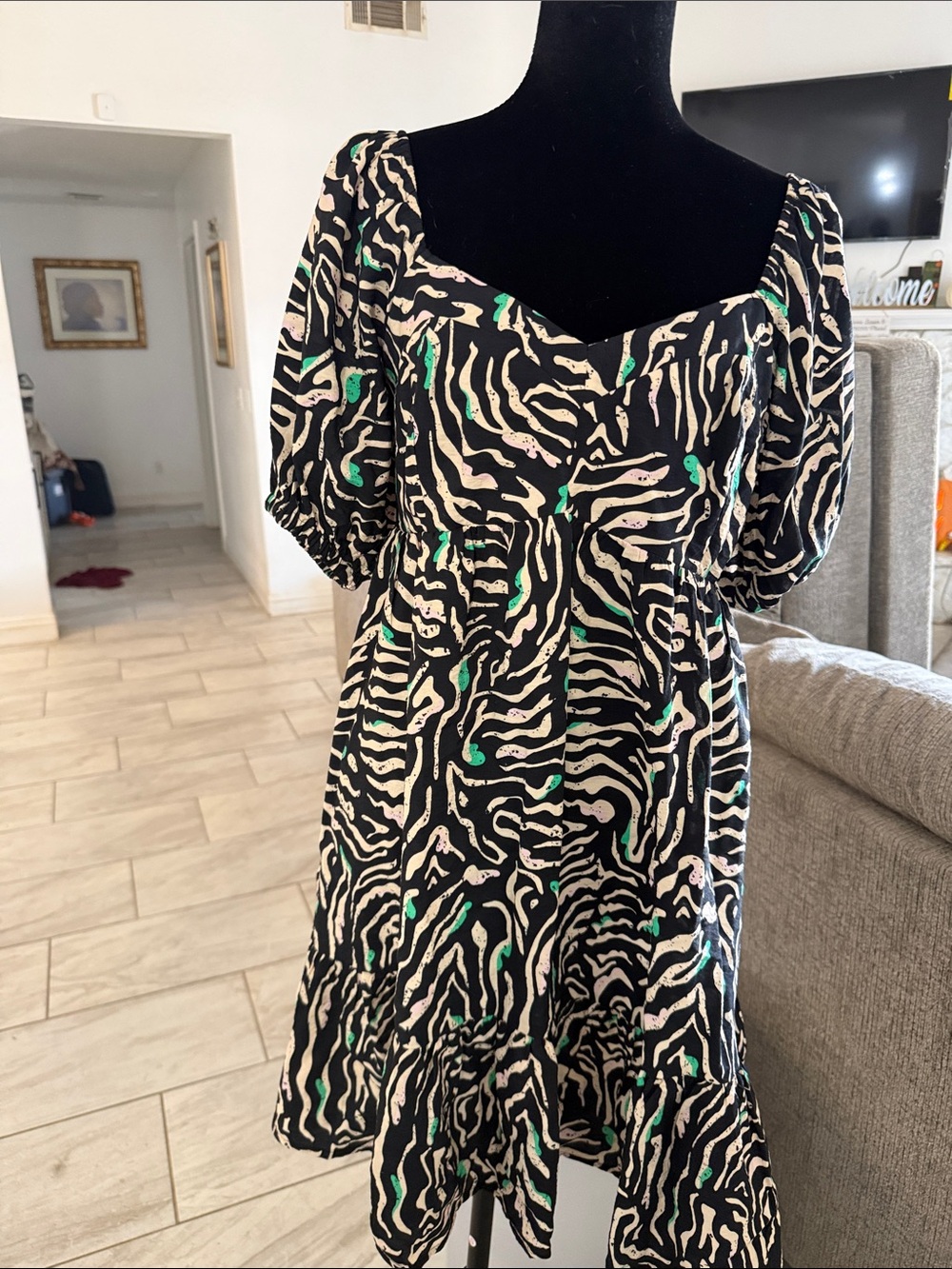 Nine West Black Mini Dress with Cream and Green Print